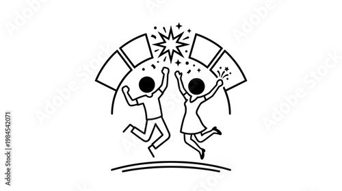 Celebrating Success with Jumping Figures and Star Icon