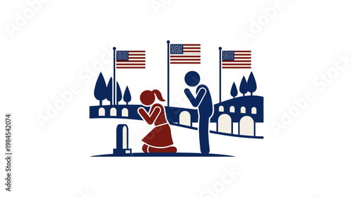 People Praying at a Memorial with US Flags