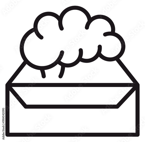 Minimalist black vector icon illustration of a human brain coming out of an open envelope, symbolizing smart communication, creative ideas, mental health, and thoughtful messaging.