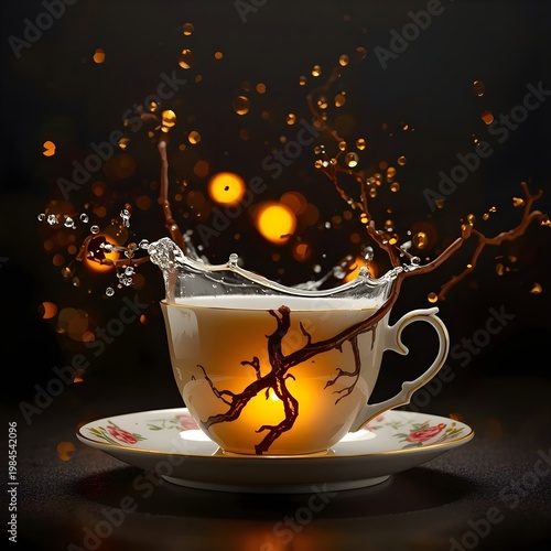A delicate teacup with a branch design sits on a saucer as liquid splashes out against a dark background