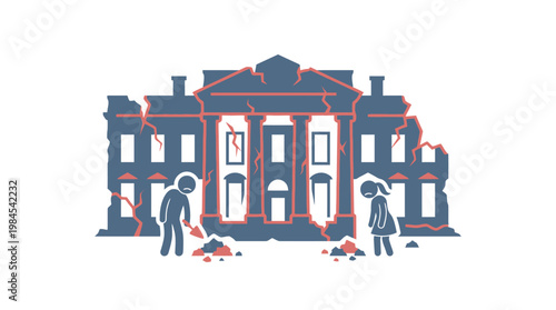 Damaged Building with People Removing Debris