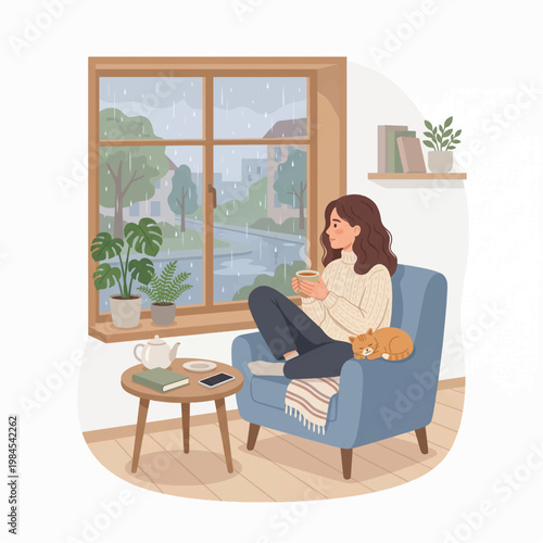 Woman sitting in a blue armchair with a cat, drinking from a mug by a window with a city view and plants on the sill in a cozy living room.
