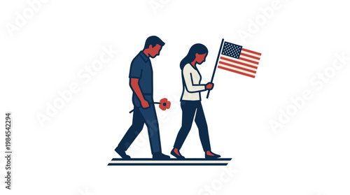 Mourning Couple with American Flag and Flower