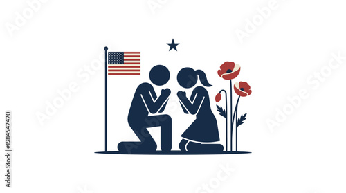 Praying Couple with American Flag and Poppies