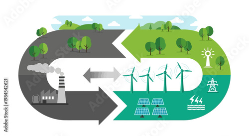 Industrial pollution contrasted with renewable energy sources cycle.