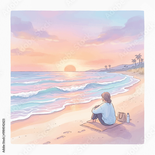 A woman sits on a beach towel, looking out at the ocean during a serene sunset with pastel-colored sky and palm trees in the distance.