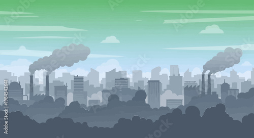 Industrial pollution from factory smokestacks in a city.