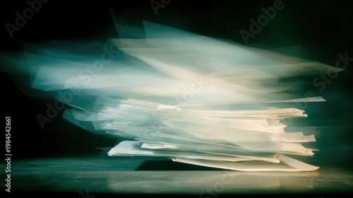 Stack of papers moving fast in a dark space with some light