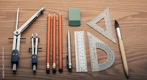 Professional Architecture Drafting Tools and Engineering Drawing Supplies on Wooden Desk for Design Project