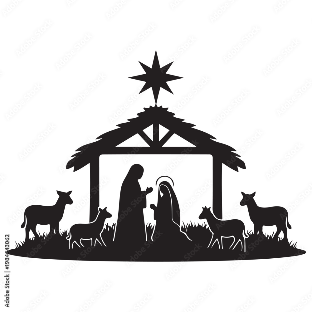 Fototapeta premium Nativity scene silhouette with Mary Joseph and baby Jesus in a stable under the star of Bethlehem vector illustration