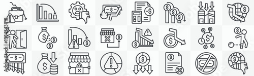Business failure icon collection set. Containing decline, poor management, inflation, debt, depreciation, recession, fired, bankruptcy icon. Simple outline vector