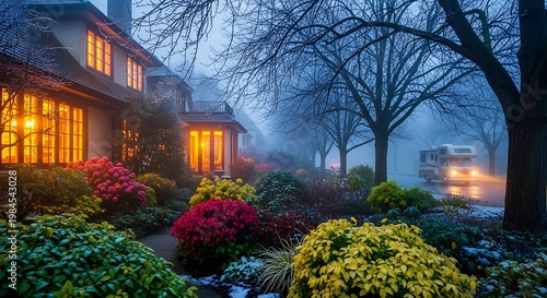 A cozy two-story house with illuminated windows and a vibrant garden in front. A misty street with a motorhome completes the scene