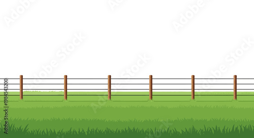 Minimalist landscape with wooden fence and green grass field