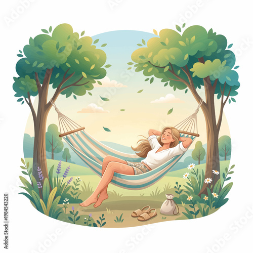 A woman relaxing in a hammock between two trees in a serene natural setting with a peaceful mood.