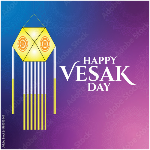 Happy Vesak Day greeting with traditional glowing yellow lantern on a blue and purple gradient mandala background.