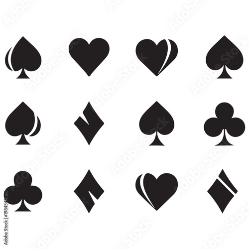 Set of black playing card suit icons including spades hearts diamonds and clubs in a minimalist flat design vector illustration for casino and gambling themes