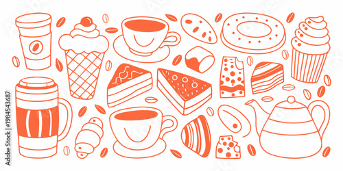 A colorful doodle illustration featuring coffee sweets and breakfast items