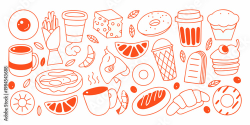 Colorful doodle illustration featuring various breakfast and snack food items