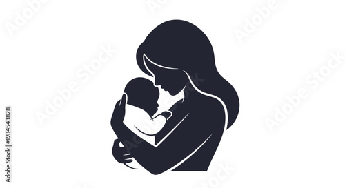 Symbolic silhouette of a mother cradling her baby, representing love, care, and family bond in a minimalist illustration