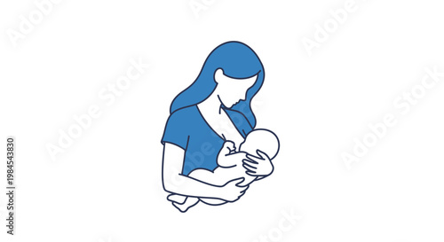 Simple blue line illustration of a mother breastfeeding her baby with care and love