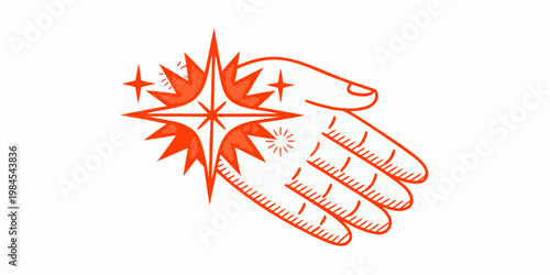 A red hand holds a starburst design with radiating lines and sparkles
