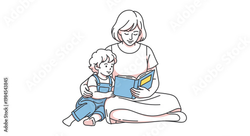 An endearing illustration capturing a mother lovingly reading a captivating storybook to her curious toddler, fostering a bond through shared learning and precious moments