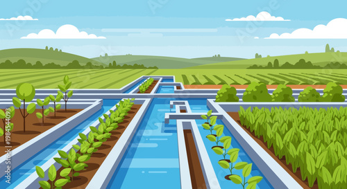 Modern agricultural irrigation system with channels and crops.
