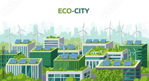 Modern Eco City Buildings with Green Roofs and Solar Panels.