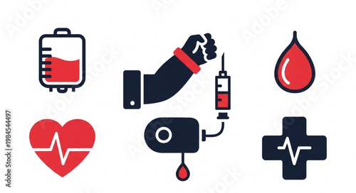 Medical icons representing blood donation and healthcare services.