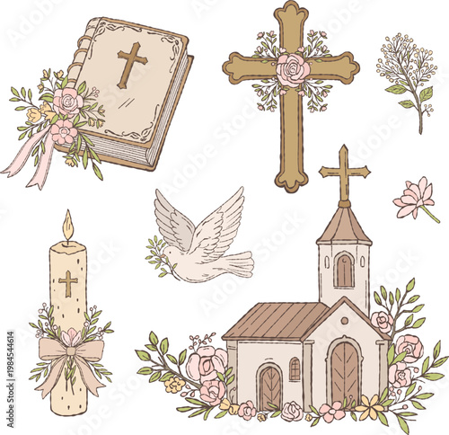 Christian baptism clipart set. Hand-drawn collection of religious elements including church, cross, candle, Bible and dove