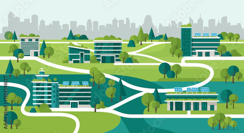 Modern EcoFriendly Buildings in a Green Campus Setting.