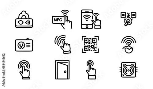 A set of black and white vector icons depicting various wireless communication and payment symbols