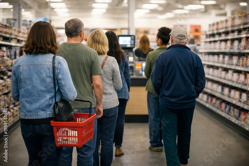 scene of customers waiting in a queue at a grocery store checkout counter. retail economy. no faces.
