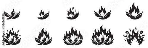Spicy chili pepper icon set. Heat spicy levels icon. Spicy Chili Pepper Icons Set with Fire and Heat Levels. Vector illustration. EPS 10