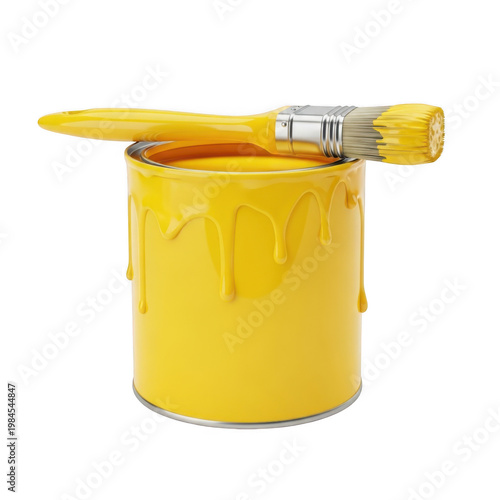 Yellow paint bucket with lid isolated on transparent background