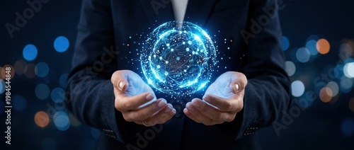 Hands Holding a Glowing Digital Globe with Sparkling Connections Against a Dark Background