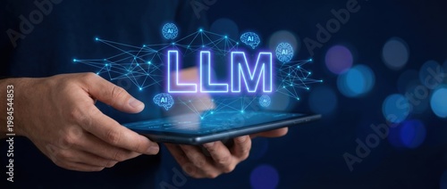 Hands Holding Tablet with LLM Text and AI Visuals on a Blue Bokeh Background for Technology Concept