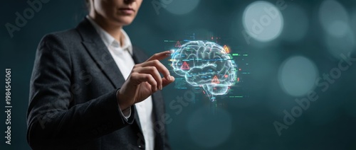 Business Professional Interacting with Digital Brain Concept in Modern Technology Environment