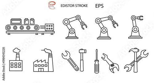 Industrial factory and robotic arm icons line art.