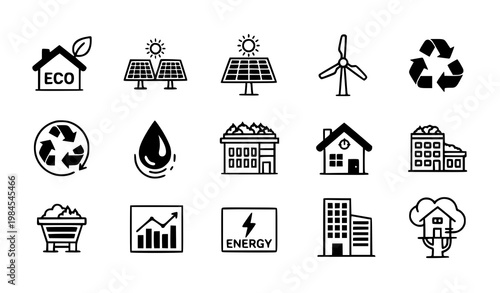 A set of eco-friendly icons representing sustainable energy and environment