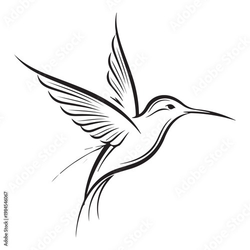 Hummingbird flying line art vector illustration with spread wings for minimalist logo design and branding