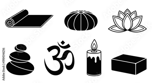 Minimalist monochrome yoga and meditation icons featuring various symbolic elements