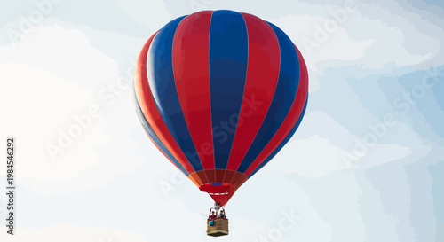 A vibrant hot air balloon ascends against a backdrop of a partially cloudy sky