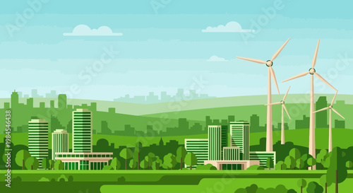 Modern EcoFriendly Cityscape with Wind Turbines and Green Buildings.