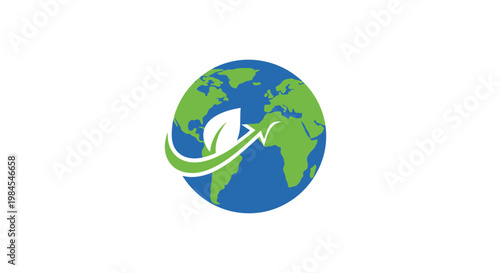 Eco-friendly globe illustration with leaf and arrow symbolizing global sustainability initiatives