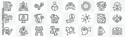Storytelling icon collection set. Containing script, communication, creative, storyteller, dialogue, history, influencer, fantasy icon. Simple outline vector