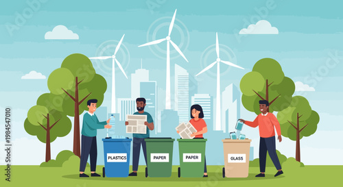 People sorting waste into recycling bins outdoors.