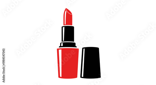 Illustration of a Red Lipstick with Black Details and a Separated Cap on White Background