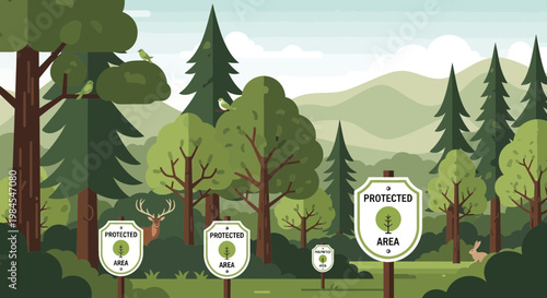 Protected Area Signs in Lush Forest Landscape.