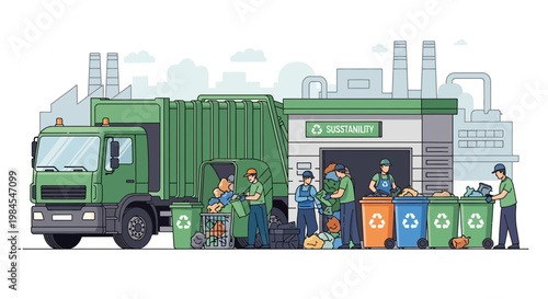 Recycling center workers sort waste near garbage truck.